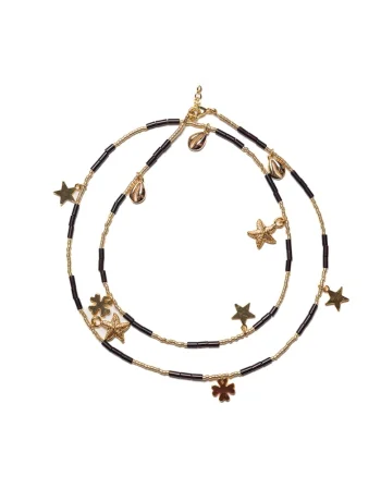 Lant de talie versatil,  din cristale de Agat Negru, placat cu aur de 18K, lungime 60cm cu 20 cm