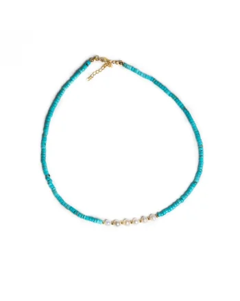 Colier choker turcoaz,  din piatra naturala Shoushan, Aisoon, cu perle de apa dulce placat cu aur de 18K, 45 cm cu 5 cm