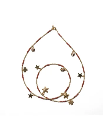 Lant de talie versatil,  din cristale de Jasp Rosu, placat cu aur de 18K, 60 cm cu 20 cm