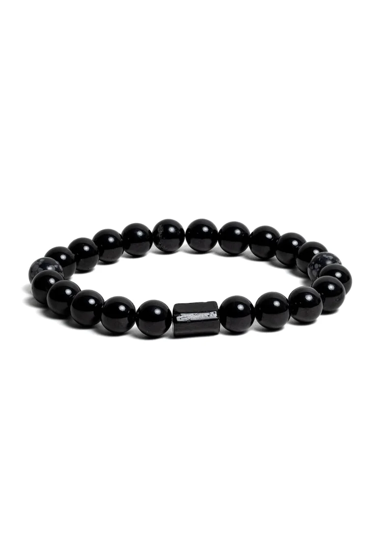 Bratara barbati pietre naturale  din Turmalina si Snow Flake Obsidian, Adal, margele de 8mm, 19 cm