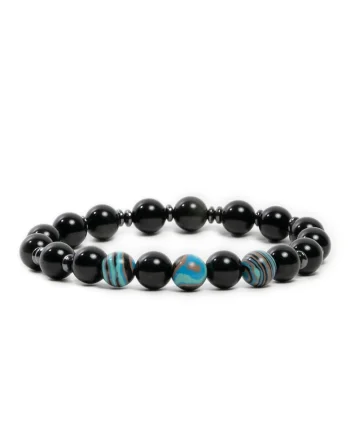 Bratara barbati handmade,  din cristale de Obsidian cu sfere Compozit Albastru, Deven, sfere de 8 mm, negru-albastru, 19 cm