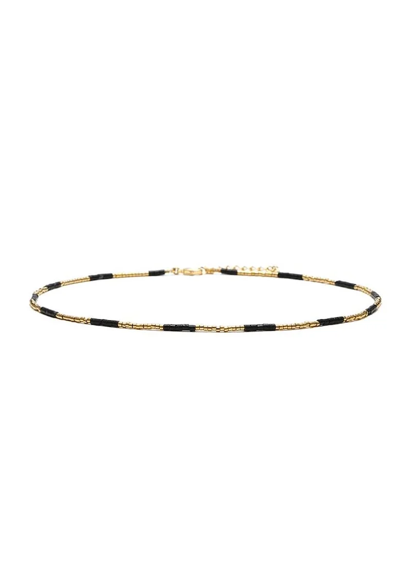 Colier choker placat cu aur 18 K,  cu pietre naturale African si Sunstone Miyuki Seed, elegant Vania, 35 cu 4cm, Auriu/Negru