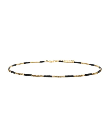 Colier choker placat cu aur 18 K,  cu pietre naturale African si Sunstone Miyuki Seed, elegant Vania, 35 cu 4cm, Auriu/Negru