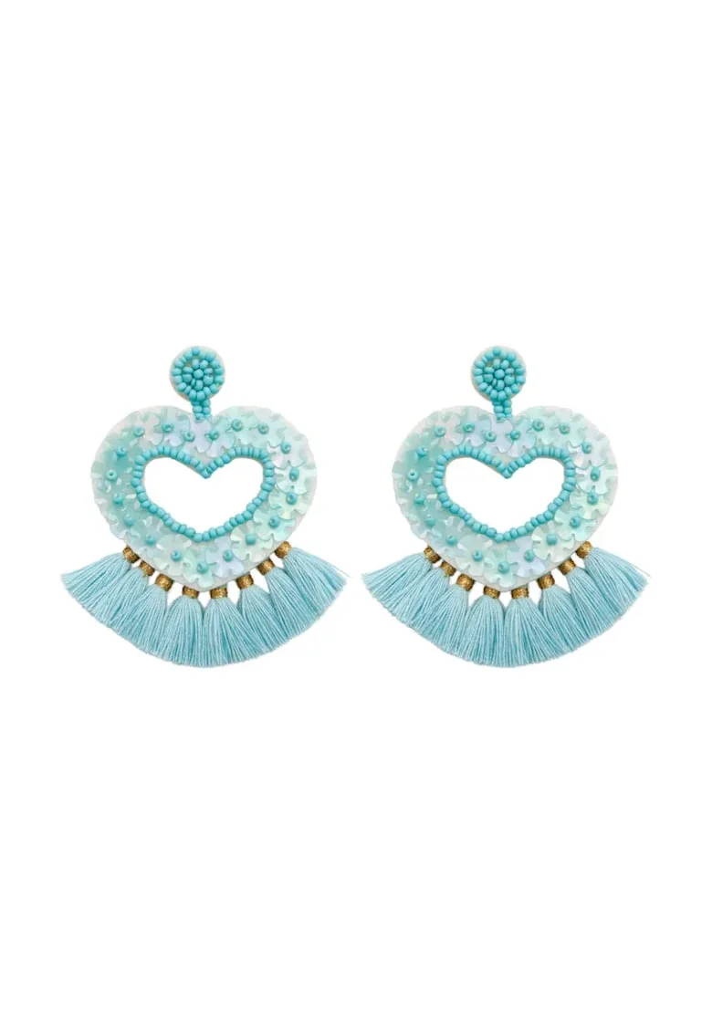 Cercei Jhumka din margele Miyuki,  in forma de inima, stil indian, Turcoaz