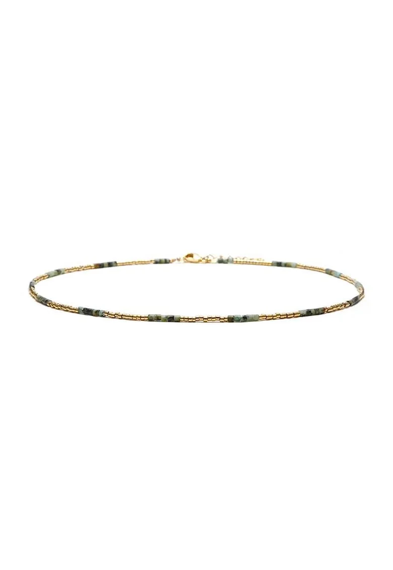 Colier choker placat cu aur 18 K,  cu pietre naturale African si Sunstone Miyuki Seed, elegant Vania, 35 cu 4cm, Verde/Auriu