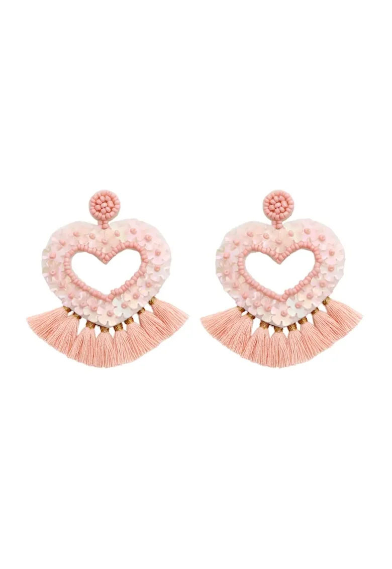 Cercei Jhumka din margele Miyuki,  in forma de inima, stil indian, Roz