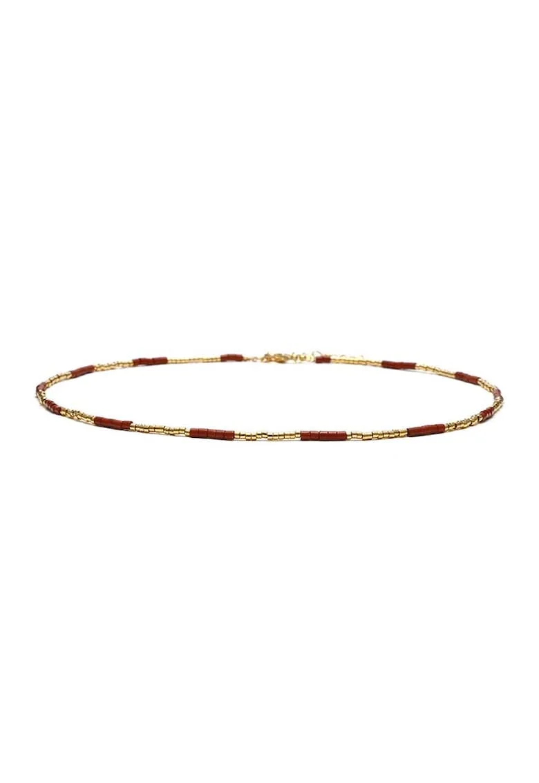 Colier choker placat cu aur 18 K,  cu pietre naturale African si Sunstone Miyuki Seed, elegant Vania, 35 cu, Rosu/Auriu