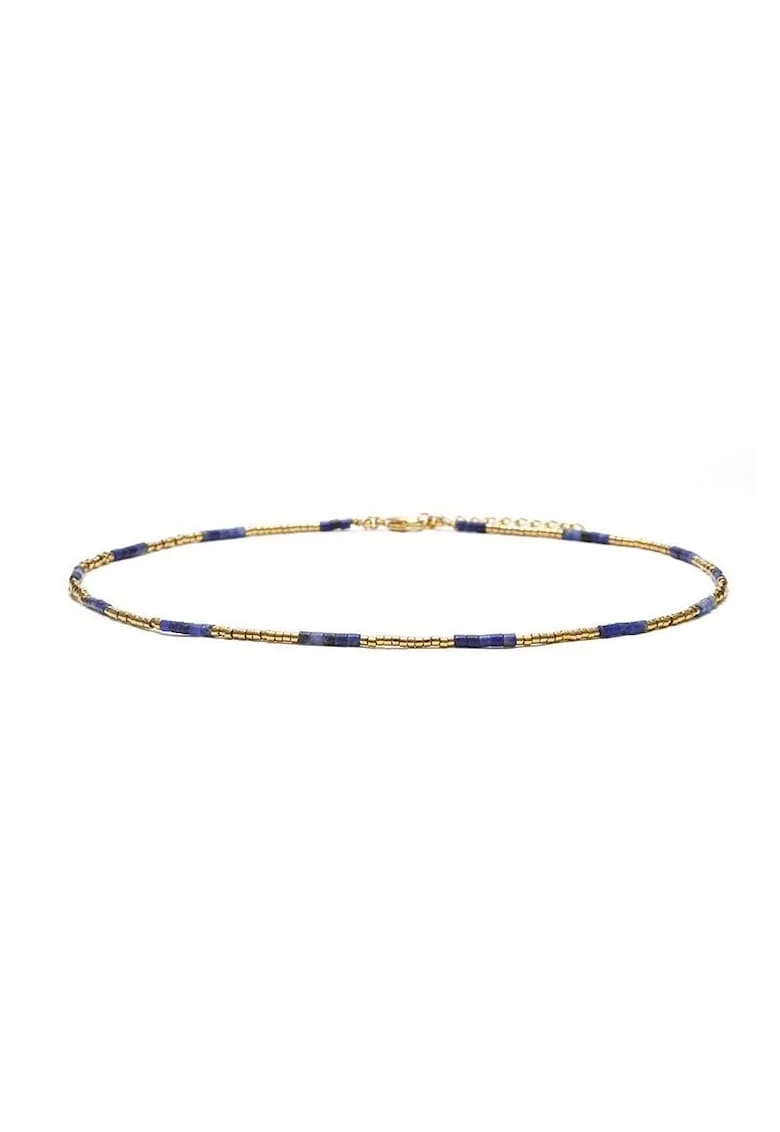 Colier choker placat cu aur 18 K,  cu pietre naturale African si Sunstone Miyuki Seed, elegant Vania, 35 cu 4cm, Auriu/Albastru