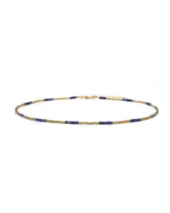 Colier choker placat cu aur 18 K,  cu pietre naturale African si Sunstone Miyuki Seed, elegant Vania, 35 cu 4cm, Auriu/Albastru