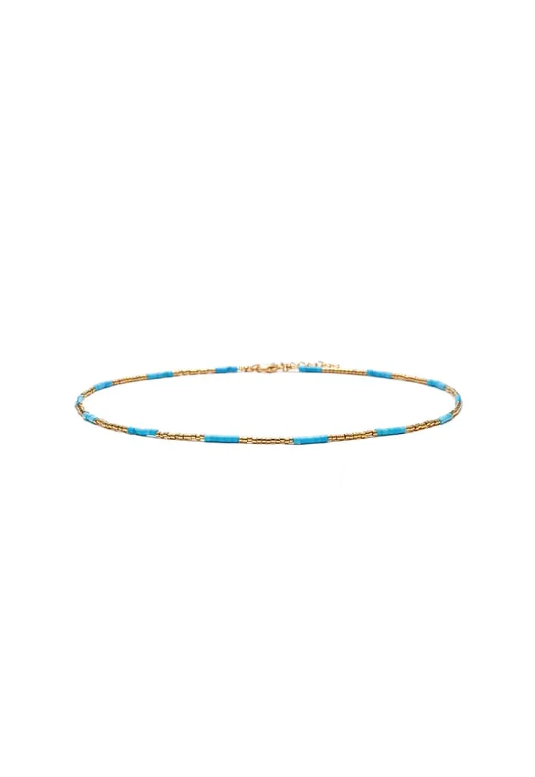 Colier choker placat cu aur 18 K,  cu pietre naturale African si Sunstone Miyuki Seed, elegant Vania, 35 cu 4cm, Auriu/Turcoaz