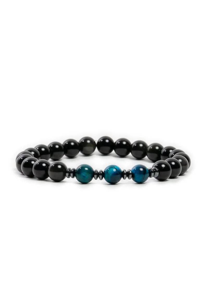 Bratara handmade barbati,  din Ochi de Tigru si Obsidian, Elam, margele de 8mm, negru-albastru, 19 cm
