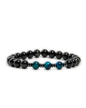 Bratara handmade barbati,  din Ochi de Tigru si Obsidian, Elam, margele de 8mm, negru-albastru, 19 cm