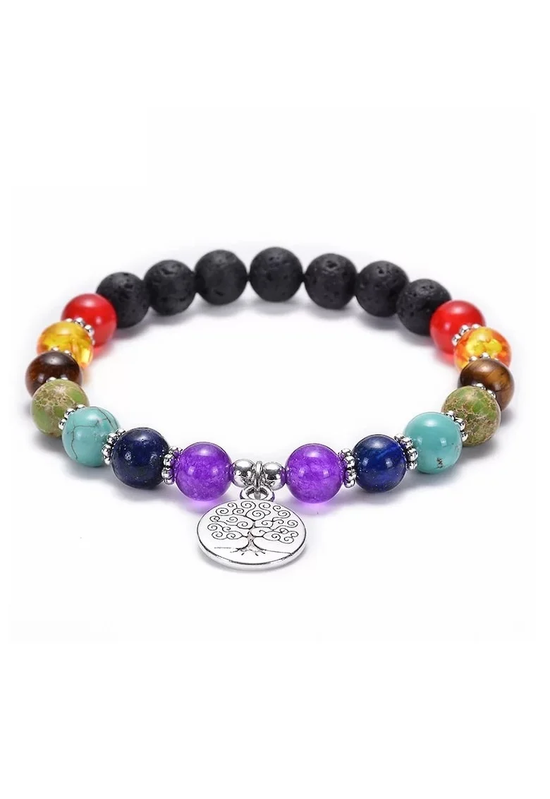 Bratara Aromaterapie ”THALIA”,  cu pietre Vulcanice (Din Lava) 7 Chakre Si Accesoriu Copacul Vietii, multicolor, 17-18