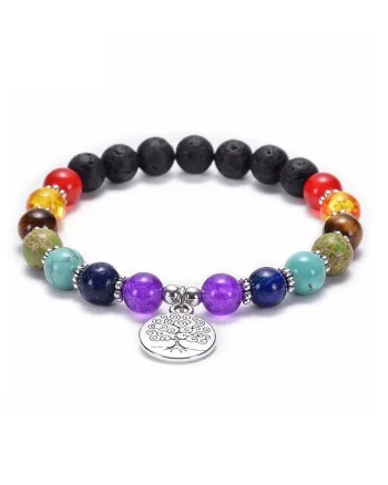 Bratara Aromaterapie ”THALIA”,  cu pietre Vulcanice (Din Lava) 7 Chakre Si Accesoriu Copacul Vietii, multicolor, 17-18