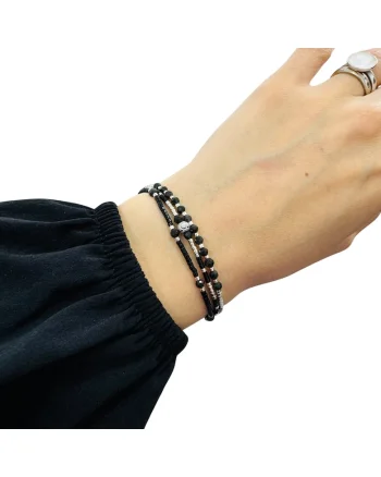 Bratara Elysia,  3 straturi, snur negru-argintiu, cristale Obsidian, argint 925