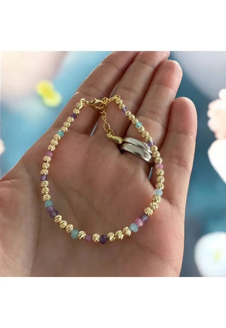 Bratara eleganta handmade dama Imani cu Ametist, Turmalina Roz, Amazonit cu bilute argint placat cu aur 925