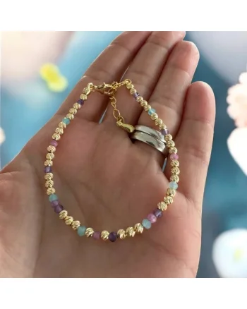 Bratara eleganta handmade dama Imani cu Ametist, Turmalina Roz, Amazonit cu bilute argint placat cu aur 925