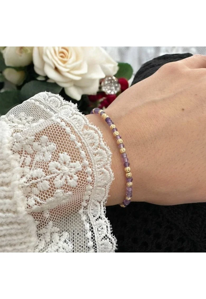 Bratara eleganta dama Nuria din Ametist si bilute de argint placat cu aur 925