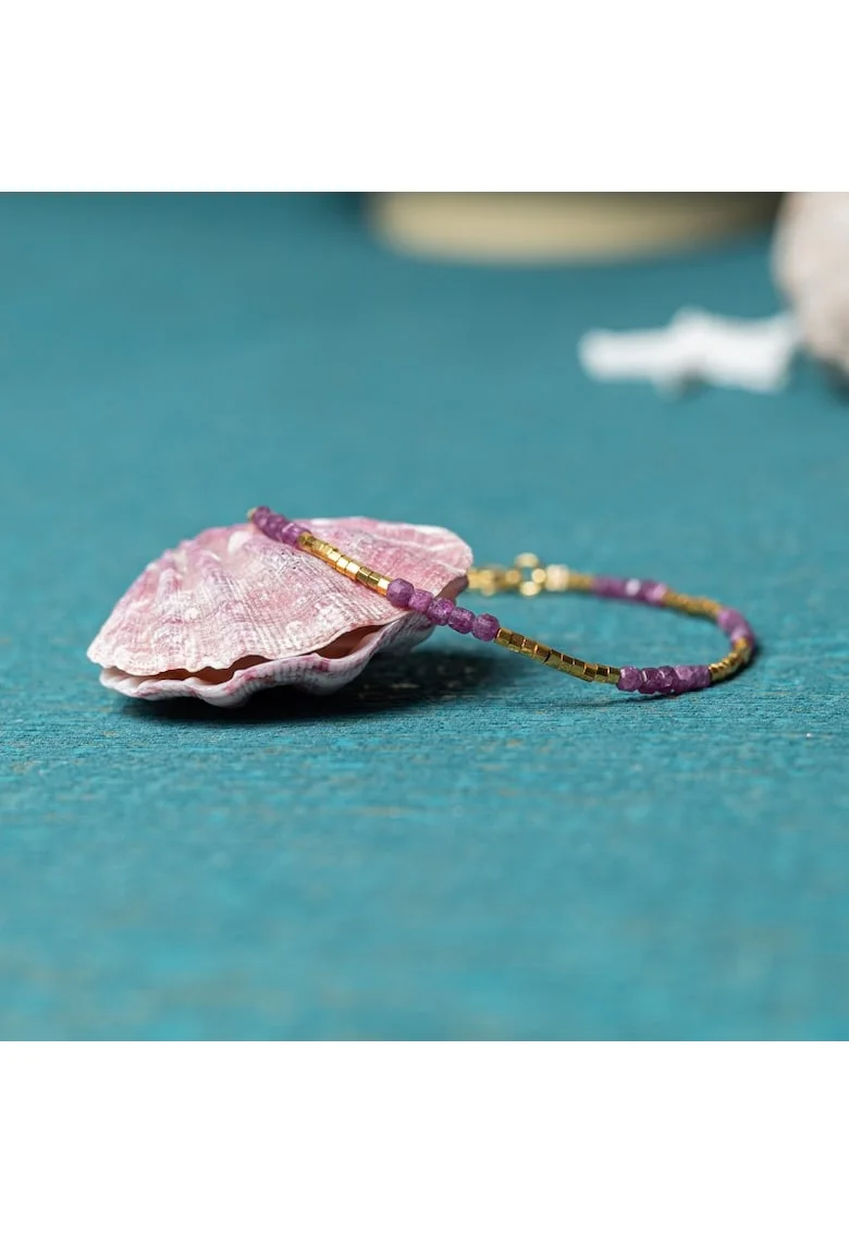 Bratara Boho din Turmalina Roz, placata cu aur de 18K, Alama, stil delicat