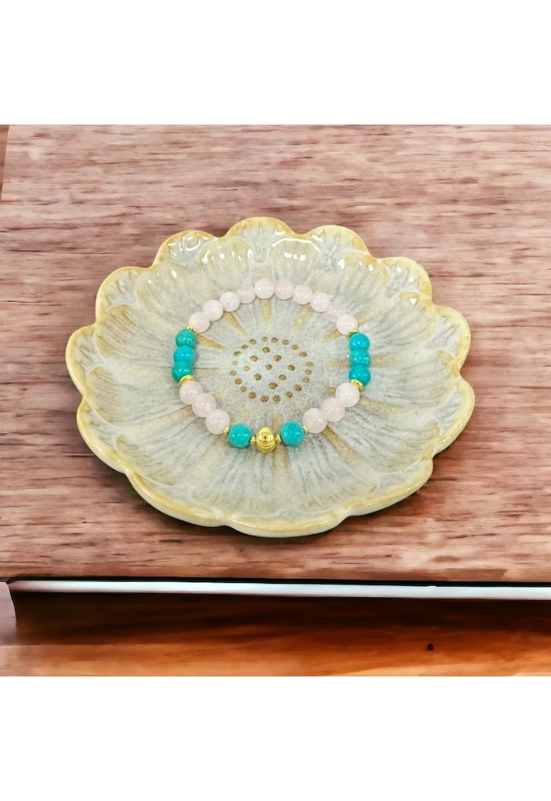 Bratara femei Eliza din Cuart Roz de Madagascar si Turcoaz cu accesorii din argint 925 placat cu Aur
