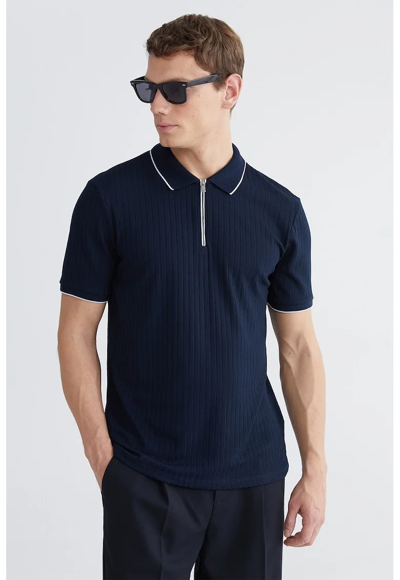Tricou polo cu fenta cu fermoar, Alb/Albastru ultramarin