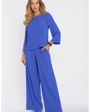 Pantaloni palazzo cu talie inalta si talie elastica - albastru
