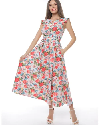 Rochie midi din bumbac cu un cordon, Rosu/Alb/Albastru