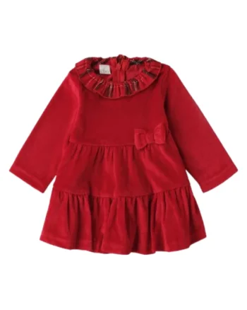 Rochie bebe fetita iDO, catifea cu volane si funda, Rosu