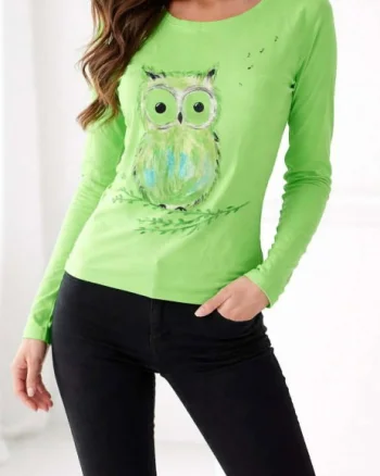 Bluza verde din bumbac  pictata manual ,cu bufnita