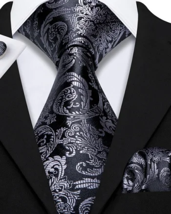 Set cravata gri / argintie + batista + butoni - matase - model 343