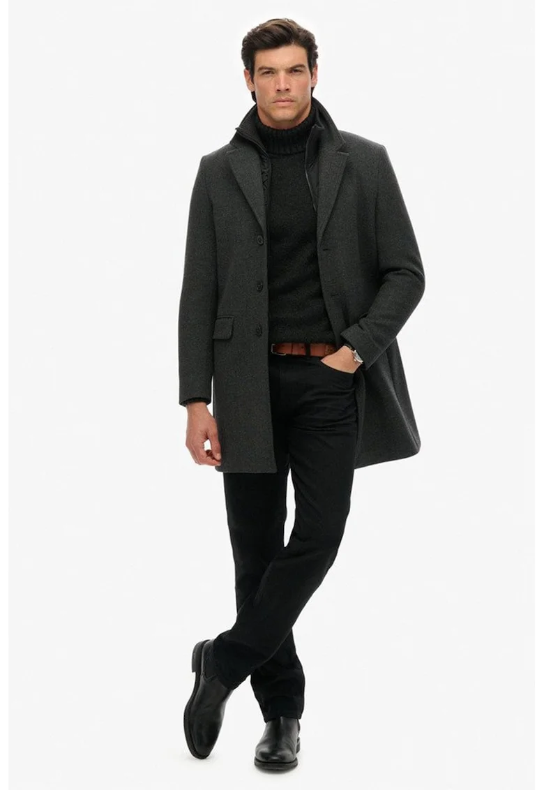 SUPERDRY, Palton slim fit din amestec de lana cu model 2in1, Gri antracit