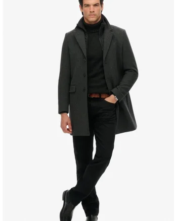 SUPERDRY, Palton slim fit din amestec de lana cu model 2in1, Gri antracit