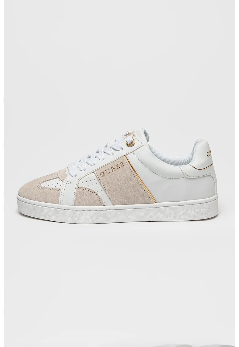 Pantofi sport cu logo si segmente de piele intoarsa, Alb/Auriu/Maro taupe deschis