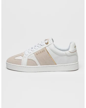 Pantofi sport cu logo si segmente de piele intoarsa, Alb/Auriu/Maro taupe deschis