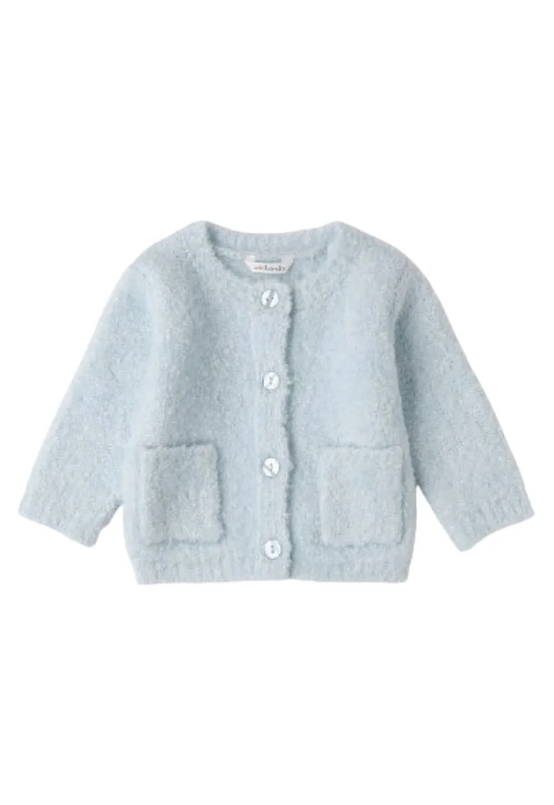 Cardigan bebe fete  din tricot bouclé, cu nasturi si buzunare, Albastru deschis