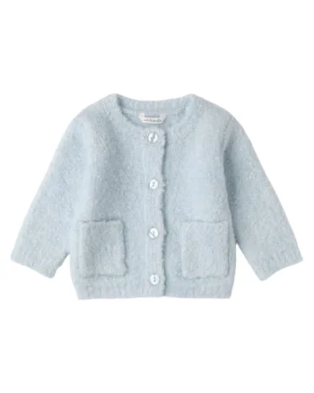 Cardigan bebe fete  din tricot bouclé, cu nasturi si buzunare, Albastru deschis