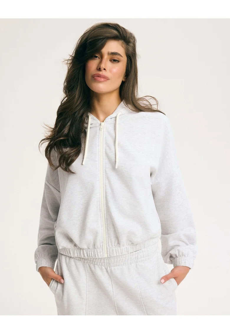 Bluza zip-hoodie trening, dama, Oversize, Gri deschis, Powerhouse