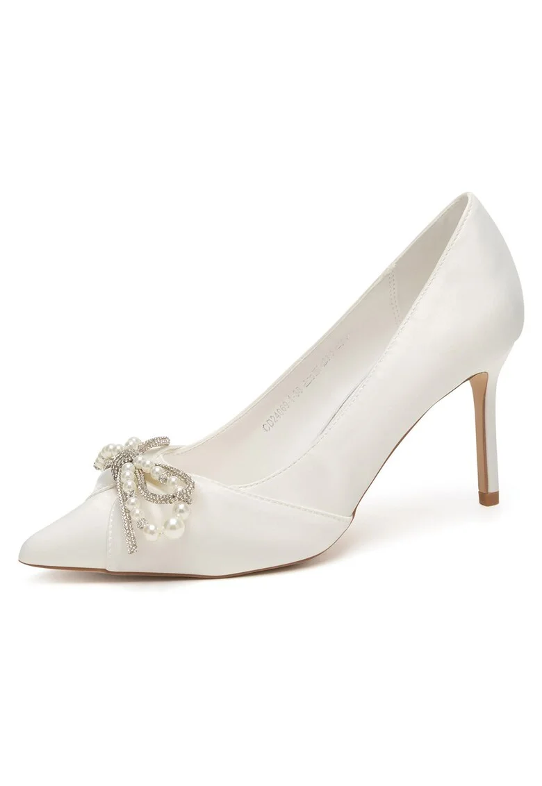 Pantofi dama,  stiletto, alb, textil, decoratiuni cu margele si zirconiu