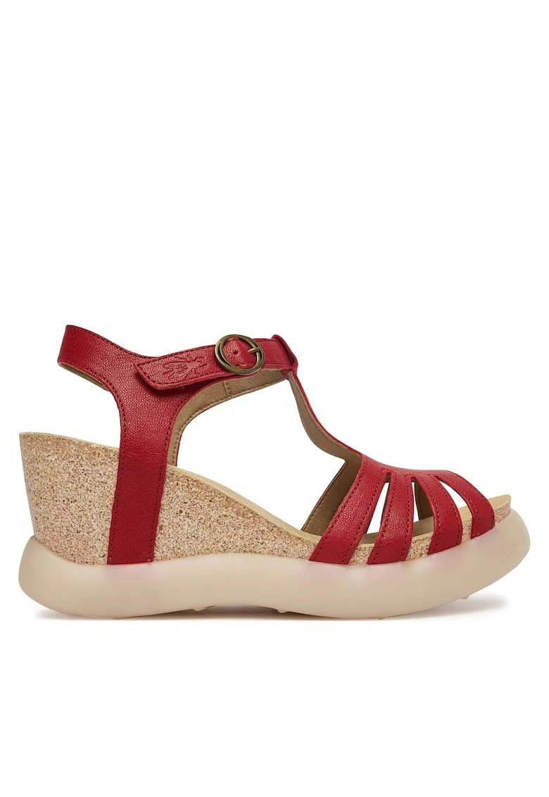 Sandale dama,  piele naturala, rosu/bej, sistem inchidere Velcro