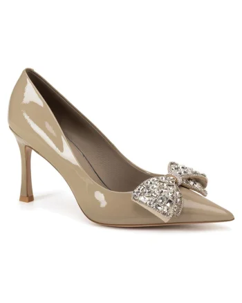 Pantofi dama,  stiletto, piele naturala, model cu fundita, bej