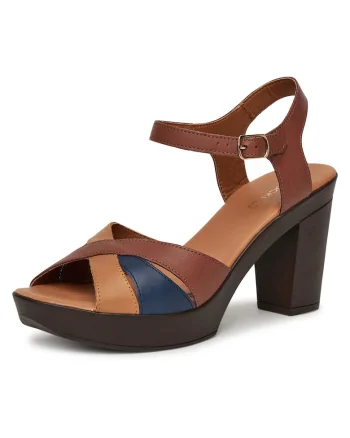 Sandale dama,  piele naturala, toc clasic, maro/albastru