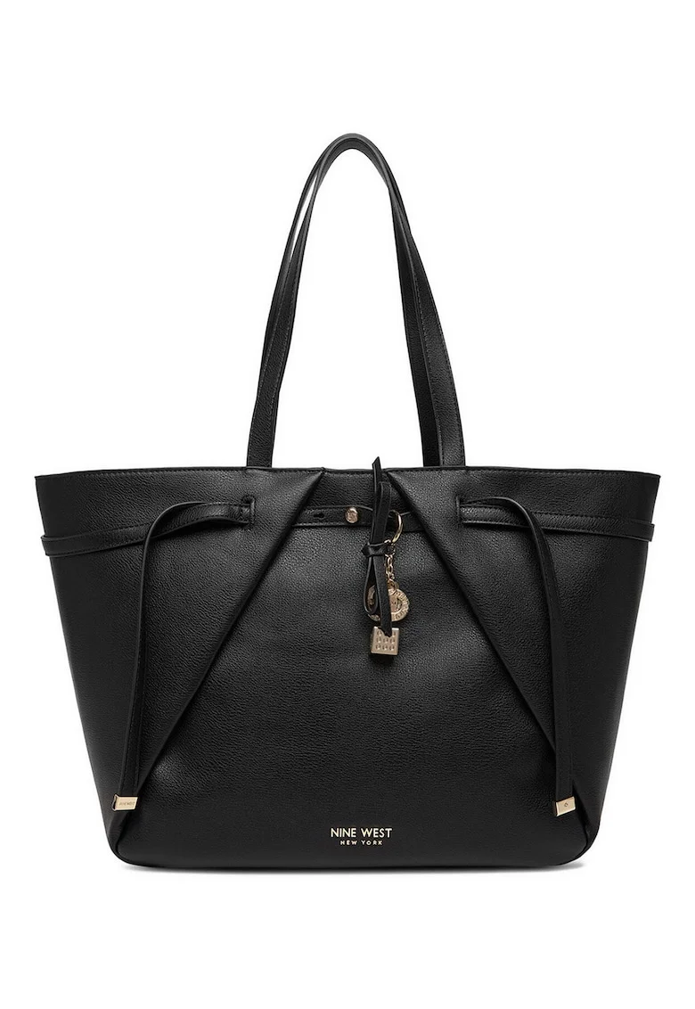 Geanta shopper,  neagra, One Size INTL, cu detalii din ciorchini si fundita detasabila