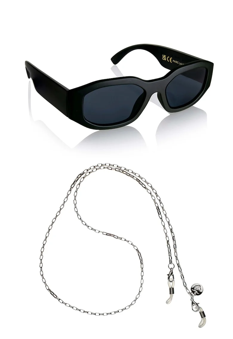 Ochelari de soare dreptunghiulari unisex cu lant, Negru