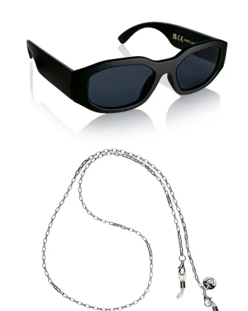 Ochelari de soare dreptunghiulari unisex cu lant, Negru
