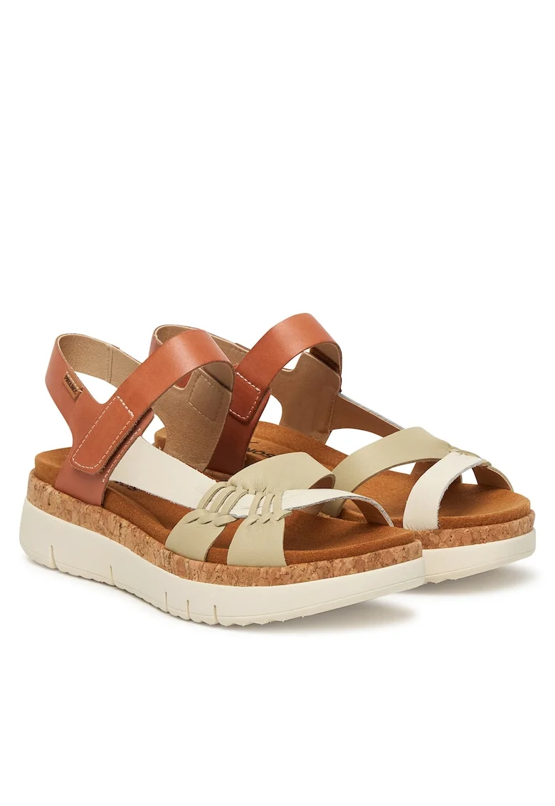 Sandale dama,  piele naturala, bej/maro, sistem inchidere Velcro