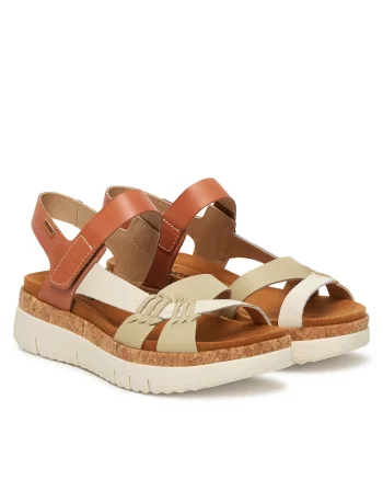 Sandale dama,  piele naturala, bej/maro, sistem inchidere Velcro