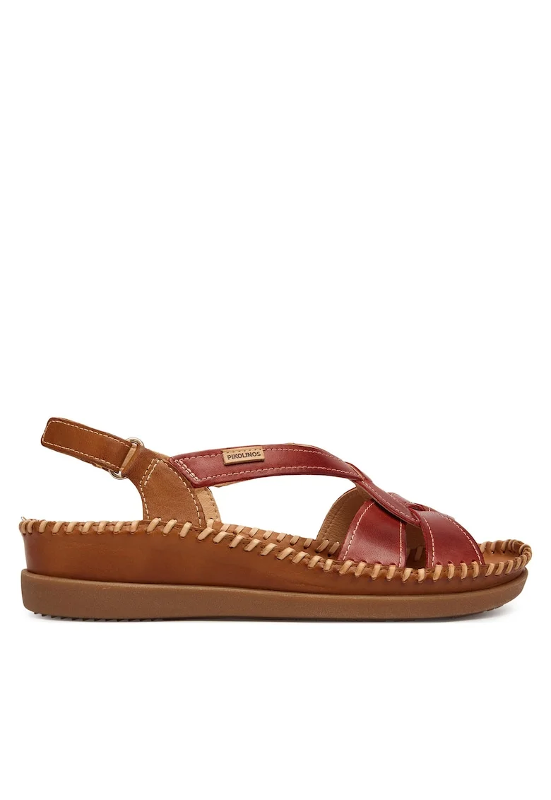 Sandale dama,  piele naturala, rosu/maro, sistem inchidere Velcro
