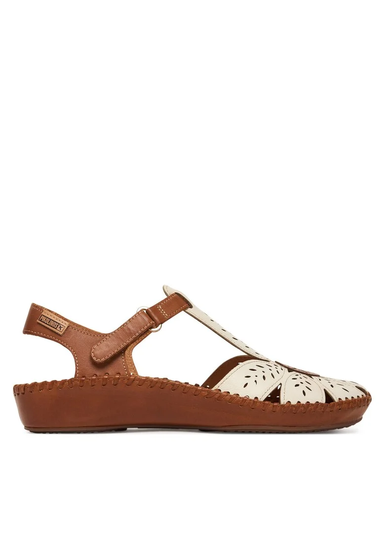 Sandale dama,  piele naturala, alb/maro, sistem inchidere Velcro
