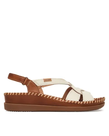 Sandale de dama,  piele naturala, alb/maro, sistem inchidere Velcro