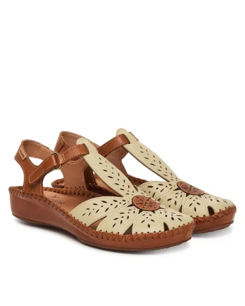 Sandale dama  piele naturala, bej/maro, sistem inchidere Velcro